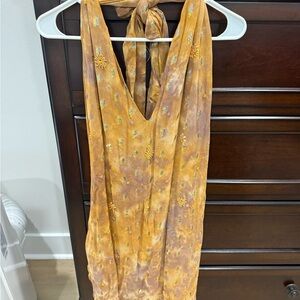 Zara Backless Dress in Mustard Yellow with Floral Embroidery